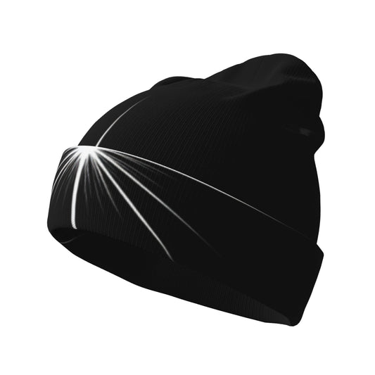 Minimalist Beam Print Beanie for Adults – Black Stretchy Knit Cap, Unisex Winter Hat with Sleek Light Burst Graphic (Fits 20.5"-22.8" Head Size)