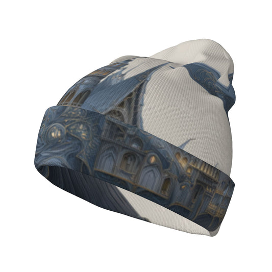 Fantasy Castle Illustration Beanie – Stretchy Knit Hat for Adults, Magical Art Print, Unisex & Warm (Fits 20.5"–22.8" Head Size)