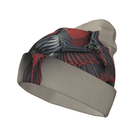 Gothic Red-Winged Totem Beanie – Fantasy Bat-Hawk Crest Art Print Knit Hat for Adults, Stretchy & Warm (Fits 20.5"-22.8" Head Size)
