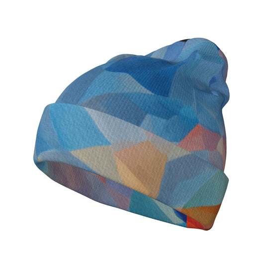 Geometric Abstract Beanie – Blue Pattern Stretchy Knit Hat for Adults, Modern Art Style, Unisex & Warm (Fits 20.5"-22.8" Head Size)